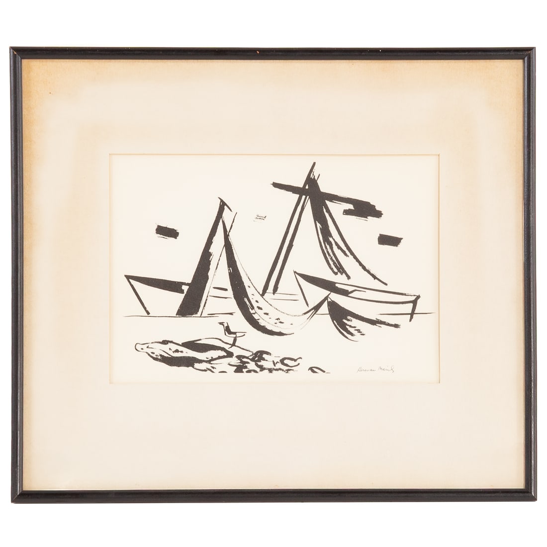 Herman Maril. Boat Mast, ink: (American, 1908-1986) India ink and wash on paper, signed "Herman Maril" lr, sight size: 7 x 16 1/4 in., framed size: 14 x 16 in. Acquired from the artist, from the Collection of the Pines Family, Bal