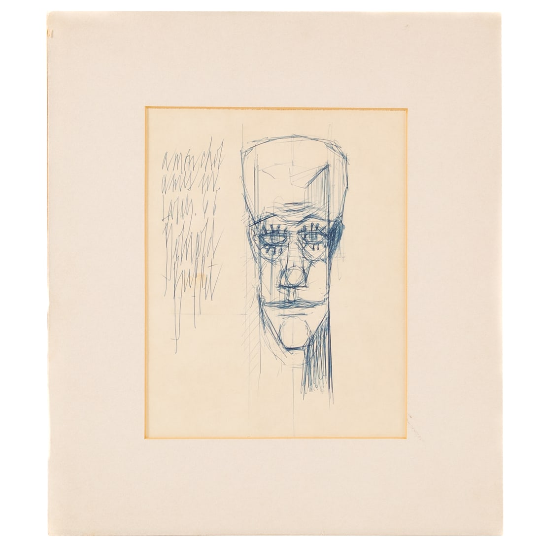 Attributed to Bernard Buffet. "Portrait in Blue," pen & ink: (French, 1928-1999) Pen and ink on paper, 1966, inscribed "A Mon Cher Amis M. Larby, '66' ul, signed "Bernard Buffet" ul beneath inscription, sight size: 10 x 8 in., matted and unframed From a private