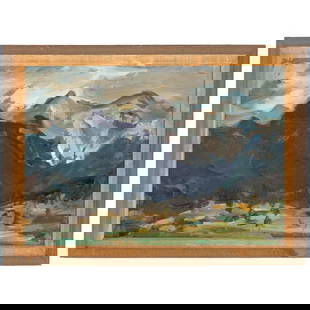 Raoul Middleman. Mountainous Landscape, oil: (American, 1935-2021) Oil on board, signed and dated "Middleman, 73" lr, 15 1/4 x 21 in., framed size: 16 1/2 x 22 1/4 in. From the Margaret and Jerry Guchemand collection, Baltimore, MD, Jerry Gilden