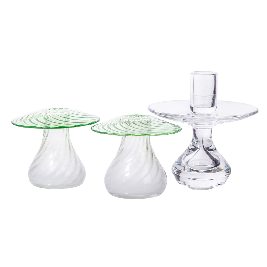 A Pair of Frederick Carder for Steuben Vases & a Teardrop Single Light Candlestick: A pair of Pomona green and colorless spiral ribbed transparent Frederick Carder for Steuben vases, unmarked, #6547, 3 1/2 in. H, 4 in. Diam.; and a colorless Steuben teardrop single light candlestick,