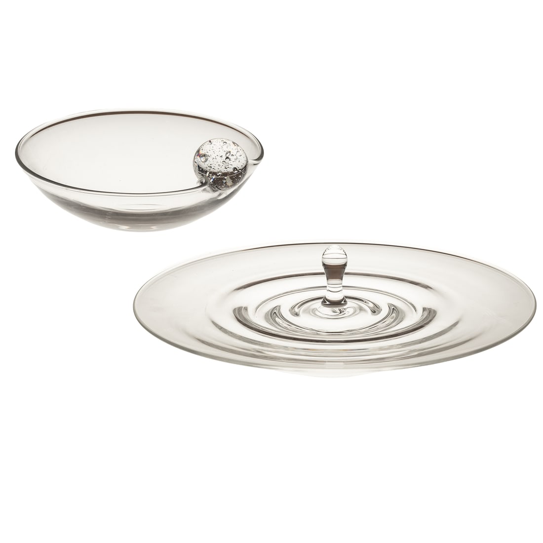 A Steuben Dish & a Steuben Canape Plate: A colorless Steuben crystal dish with decorative sphere, inscribed "Steuben" on bottom, approx. 4 in. H, 8 3/4 in. L, 9 in. D; and a colorless Steuben crystal canape plate, inscribed "Steuben" on bott