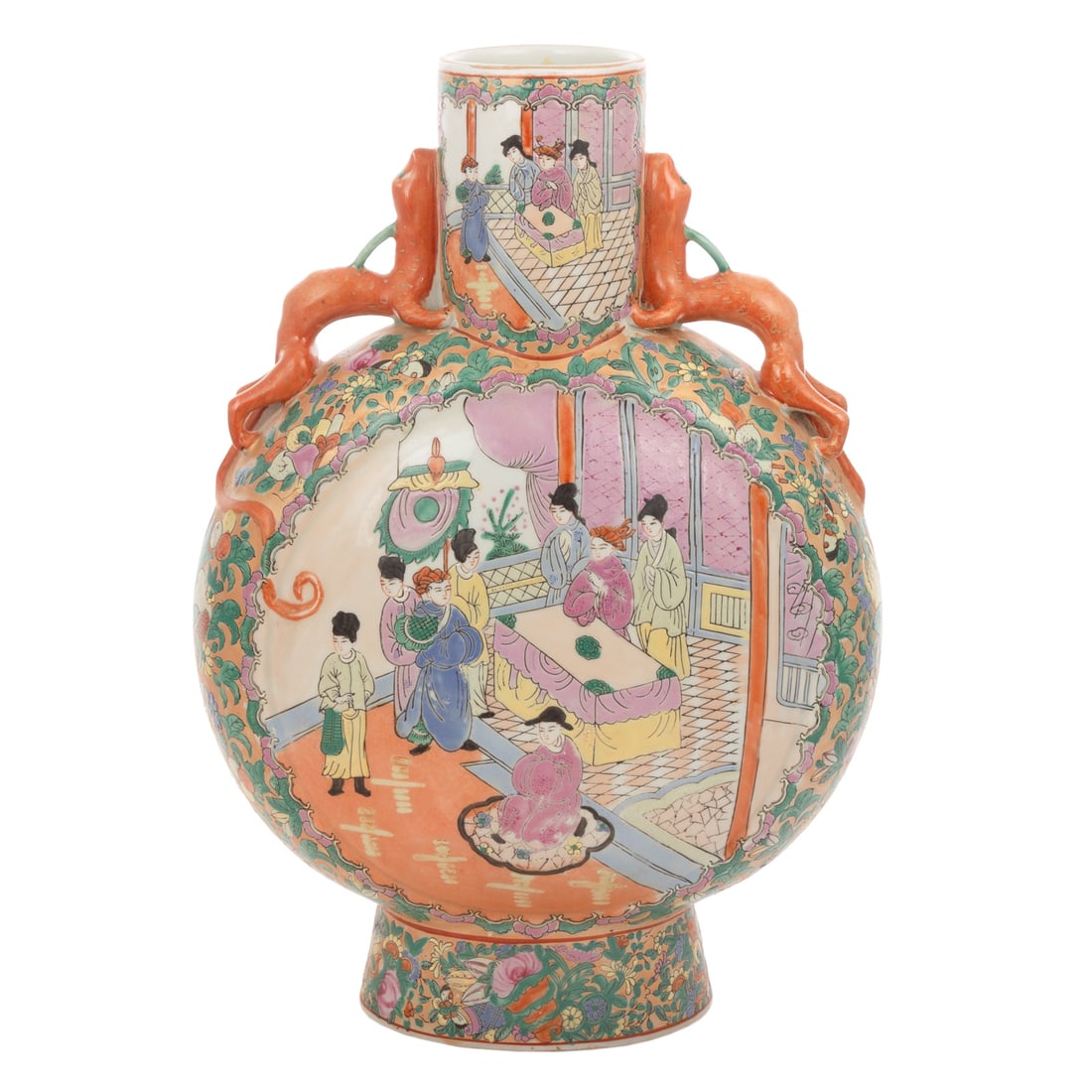 A Chinese Porcelain Rose Medallion Moon Flask Vase: A Chinese porcelain Rose Medallion moon flask vase with figural interior scene on one side and birds and bugs on the other side with floral motifs throughout, dragon handles, with a six-character mark