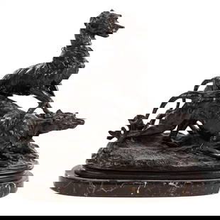 After Pierre Jules Mene. Two Dogs Hunting, bronze: After Pierre Jules Mene (French, 1810-1879) a bronze of two dogs hunting on a marble base, signed "P.J. Mene" on front of base, 10 1/4 in. H, approx. 10 1/2 in. L, 5 1/4 in. D