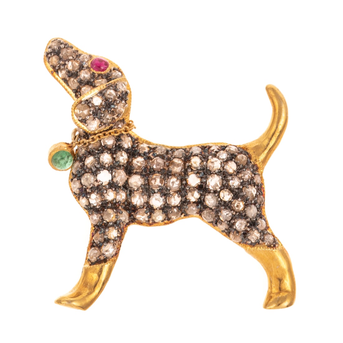 A Diamond Dog Pin/Pendant in Vermeil: Vermeil pin/pendant in the form of a dog with a pave rose cut diamond body weighing approx. 1.00 ctw with a ruby eye and a cable link chain collar with an emerald tag, C clasp with a 9K yellow gold ba
