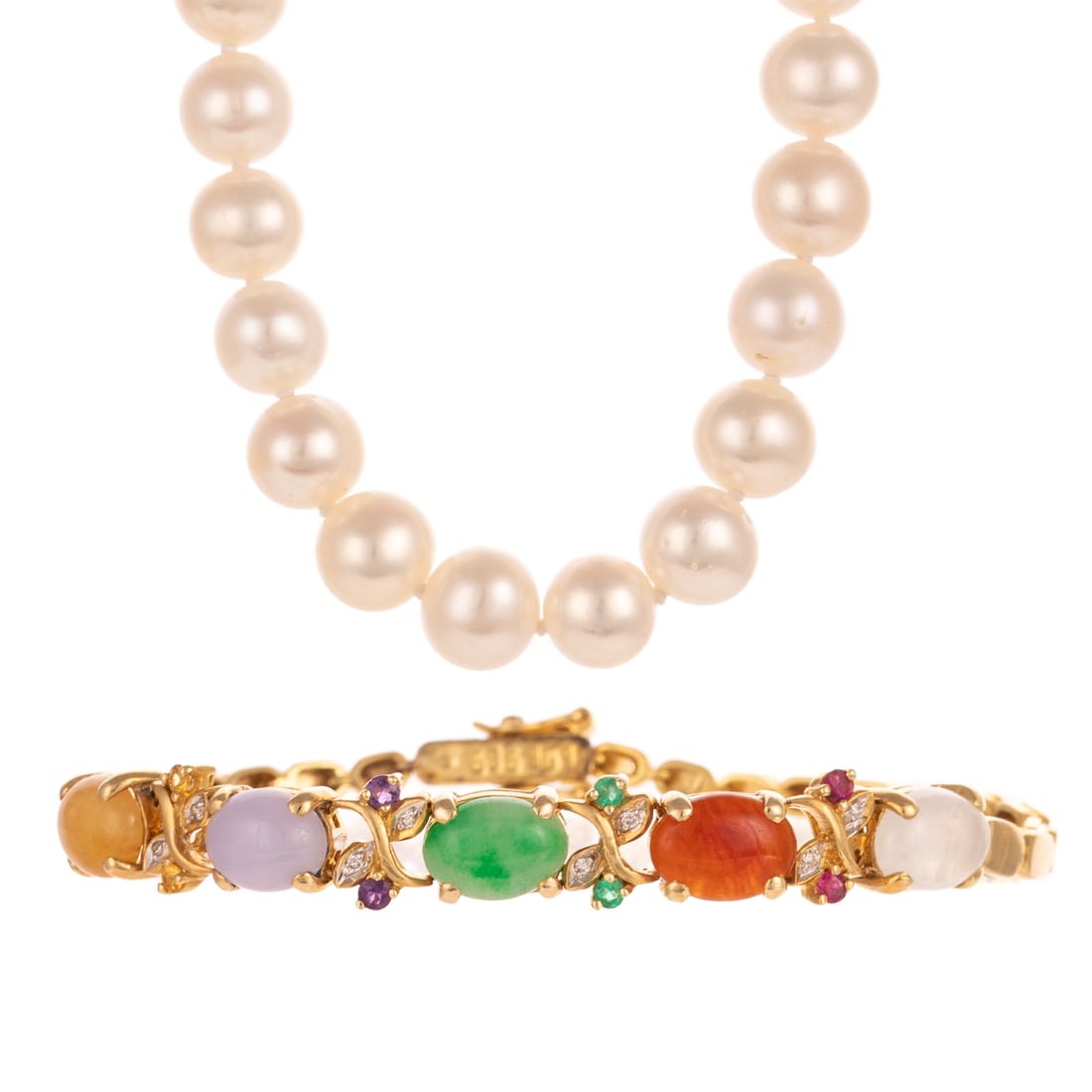 A Multi-Color Jade Bracelet & Strand of Pearls in 14K (1 of 6)