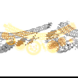 A Wide Charm Bracelet with Eight Charms in 14K: 14K yellow gold wide charm link bracelet with heart accents featuring eight 14K yellow gold charms, including monogrammed disc, Happy Birthday, Aries disc, Angel or Devil disc, dress mannequin, Texas,
