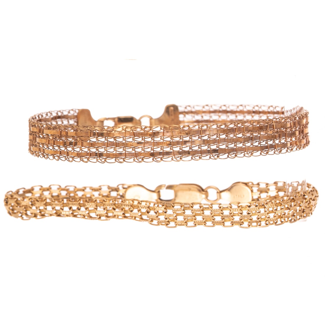 Two Italian Link Bracelets in 14K & 10K: 1) 14K yellow gold Italian woven link bracelet with lobster clasp, 7 in. L, and 2) 10K yellow gold Italian flexible bangle bracelet with woven design, lobster clasp, 7 1/2 in. L, 10.5 grams tw (6.5 gr