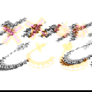 Three Pairs of Sapphire & Ruby Earrings in 14K: 1) 14K yellow gold half hoops with shared prong sapphires, posts with friction backs, 1/2 in. L., 2) 14K yellow gold channel set ruby "X" earrings, posts without friction backs, 3/8 in. W, and 3) 14K