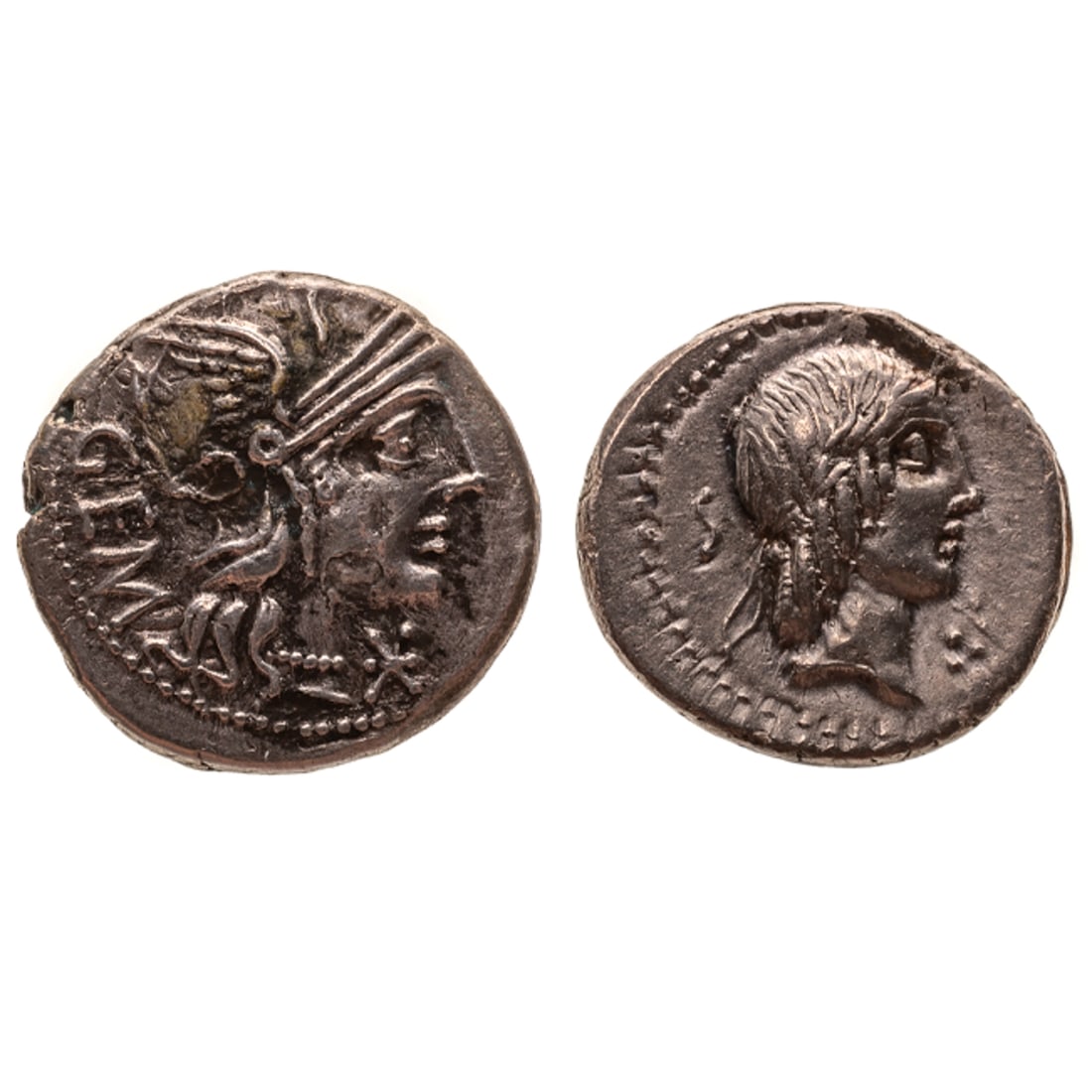 A Pair of Silver Denari from Roman Republic: L. Calpurnius - Laureate head of Apollo facing right on the obverse. Reverse has Horseman galloping right, holding palm frond and reins; Piso Frugi lettering. A coin from the Calpurnia family, one of 
