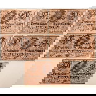 Five 1862 CSA Fifty Cent Notes - T72, VF/XF: These should be VF+ to XF with the worst problem being a tiny corner fold. All are dated Feb 17, 1864 with stamped serial numbers and printed signatures. Don't often find this many at one time that ar