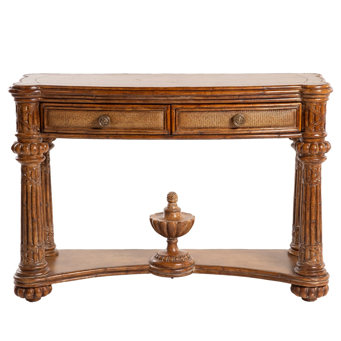 Contemporary Leather Top Console Table: Shaped leather inset top with turret corners over two drawers supported by heavy reeded legs with a carved urn decorating the center support, 36 in. H, 51 1/2 in. W, 19 1/2 in. D