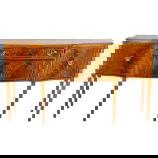 Federal Style Inlaid Mahogany Sideboard: Shaped top with edge inlay over one-drawer over two-door cabinet, flanked by concave cabinets, resting on square tapered legs, banded and oval inlay throughout, 40 1/4 in. H, 72 in. W, 24 1/2 in. D