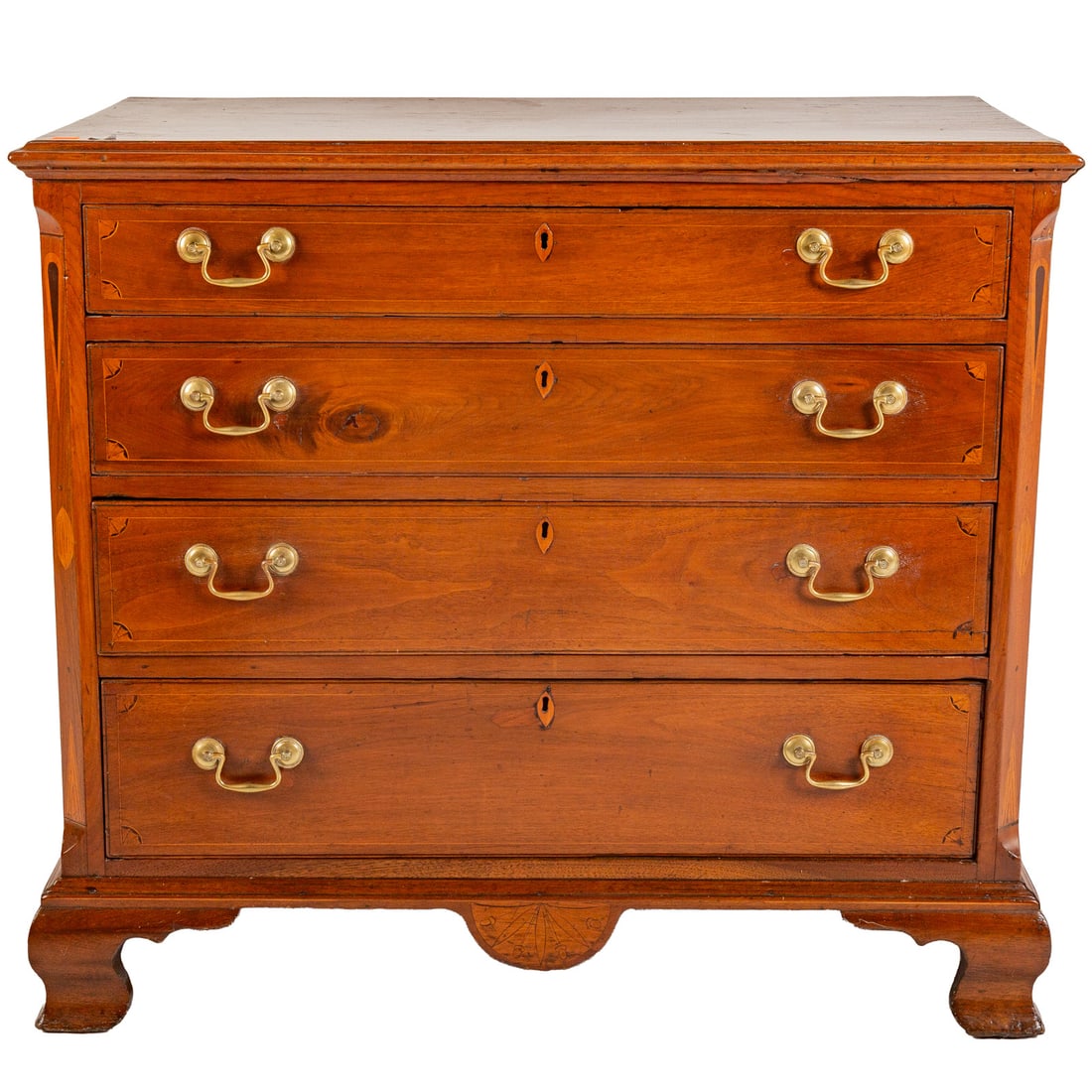 George III Inlaid Mahogany Chest of Drawers: Molded top over four inlaid graduated drawers, inlaid apron over bracket feet, 34 1/4 in. H, 38 in. W, 22 1/2 in. D