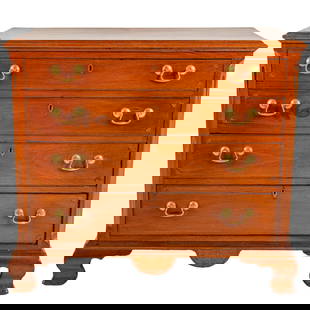 George III Inlaid Mahogany Chest of Drawers: Molded top over four inlaid graduated drawers, inlaid apron over bracket feet, 34 1/4 in. H, 38 in. W, 22 1/2 in. D