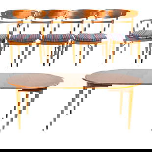 Mid Century Modern Table & Four Side Chairs: Banded teak table with four turned and tapered legs, 29 1/4 in. H, 42 in. Diam., with three 12 in. extension leaves; together with four matching side chairs with upholstered seats, 30 3/4 in. H, 19 in