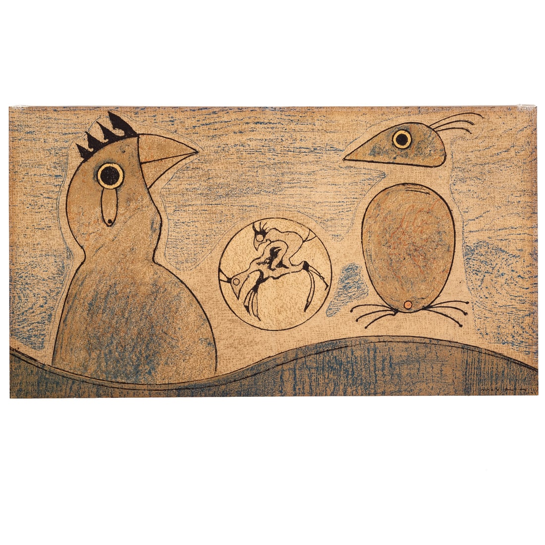 Max Ernst. "The Birds," chromolithograph: (German, 1891-1976) Chromolithograph in colors, signed "Max Ernst" lr, sheet size: 12 x 21 7/8 in., unframed Provenance: Gifted to George Macovescu from Hans-Dietrich Genscher, German's Foreign Affair