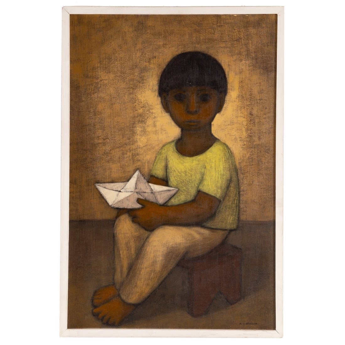 Antonio Gonzalez Orozco. Boy with Paper Boat, oil: (Mexican, 1933-2020) Oil on masonite, signed "A.G. Orozco" lr, sight size: 23 x 15 1/4 in., framed size: 24 1/4 x 16 1/2 in. Provenance: From a private collection, Baltimore, MD