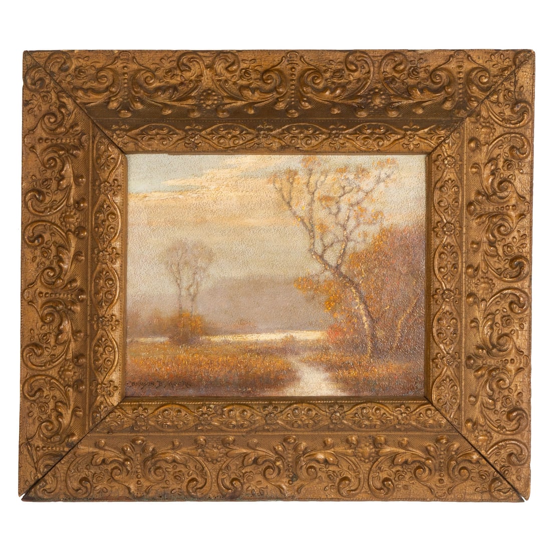 Benson Bond Moore. "Autumn Afternoon in Maryland," casein: (American, 1882-1974) Casein on board, signed "Benson B. Moore" ll, 8 x 10 in., framed size: 14 1/4 x 16 1/2 in. Provenance: From a private Maryland collection