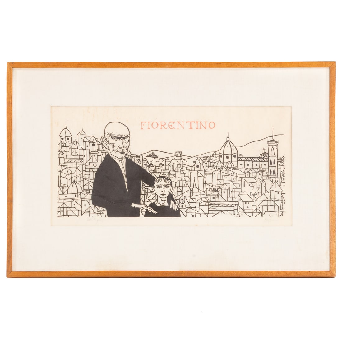 Leonard Baskin. "Fiorentino," woodcut: (American, 1922-2000) Woodcut in two colors, circa 1952, Fern and O'Sullivan 178, ed. AP, pencil signed "Baskin" lr, sight size: 10 1/2 x 21 in., framed size: 18 3/4 x 28 3/4 in. Provenance: Acquired