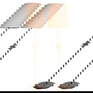 A Pair of Contemporary Wood & Metal Floor Lamps: A pair of contemporary wood and metal table lamps, includes shades, 71 1/2 in. H, 20 1/4 in. Diam., with shade: 89 in. H