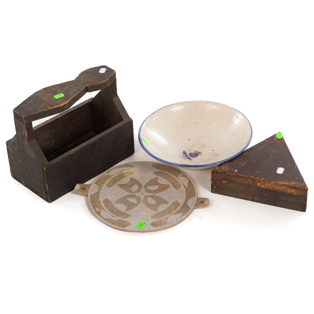 Four Assorted Decorative Objects: 1) Primitive wood tool box, 9 1/2 in. H, 11 7/8 in. W, 6 1/2 in. D, 2) Triangular paper covered wood box, 3 in. x 9 7/8 in. x 8 1/2 in., 3) Glazed stoneware bowl, 3 1/4 in. H, 12 1/4 in. Diam., and 4)