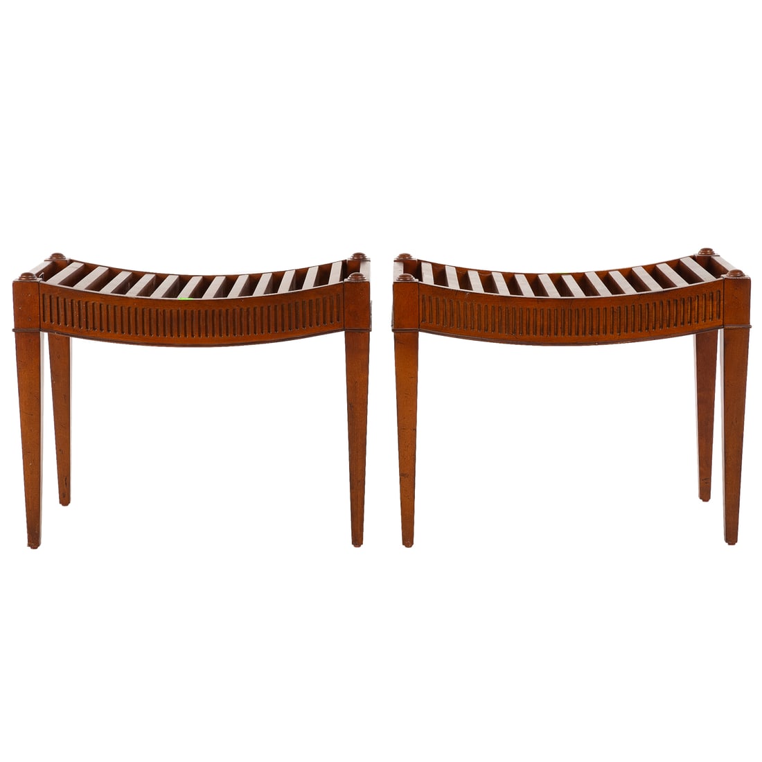 A Pair of Traditional Style Mahogany Benches: Fluted sides with tapered legs, each: 19 in. H, 24 1/4 in. W, 16 in. D
