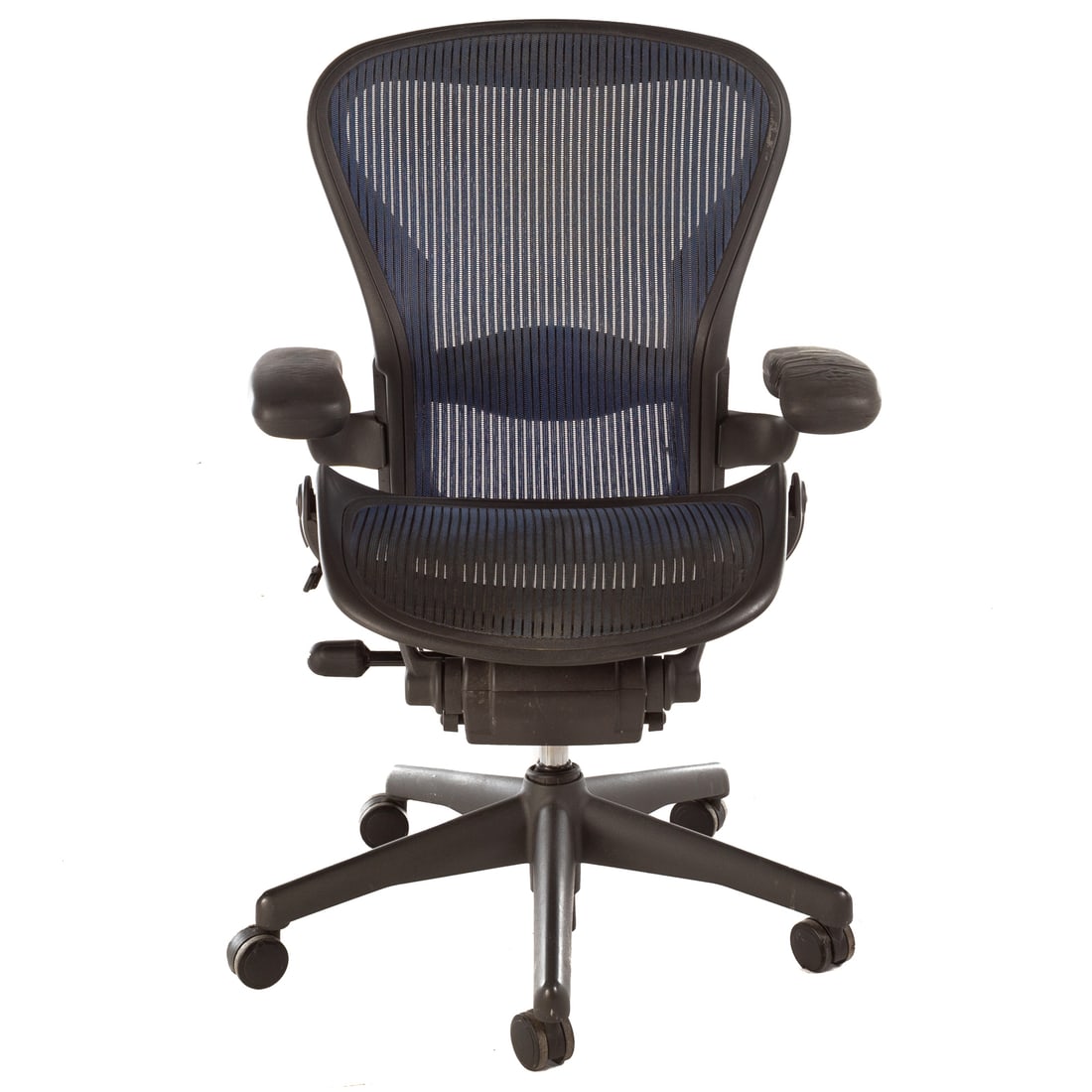 Herman Miller Aeron Desk Chair: Molded plastic and mesh swivel office chair on a five radiating leg base with casters, 39 3/4 in. H, 26 1/2 in. W, 28 in. D