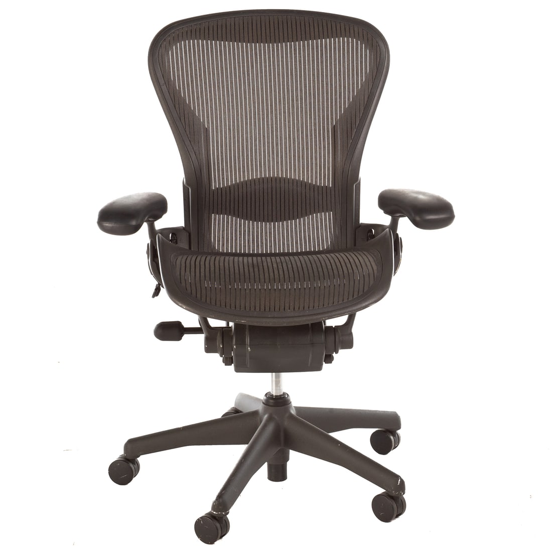 Herman Miller Aeron Desk Chair: Molded plastic and mesh swivel office chair on a five radiating leg base with casters, 40 3/4 in. H, 30 in. W, 26 in. D
