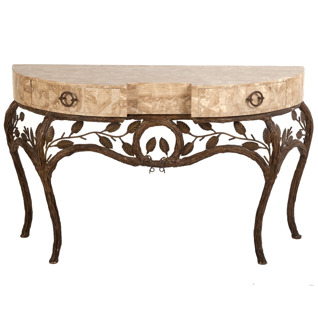 Contemporary Marble & Metal Console Table: Shaped marble faced two-drawer top, resting on a metal figural trunk and branch form base, 31 1/4 in. H, 50 in. W, 18 in. D