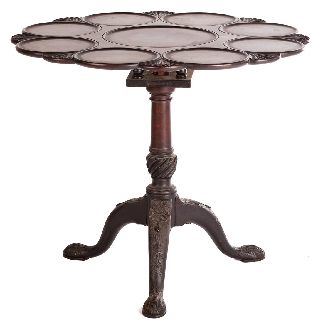 Robert Edwards Chippendale Style Tilt Top Table: Mahogany scalloped shaped top with shell carved and plate indentations, over a turned and fluted shaft extending to a carved tripod base, stamped "Robert Edwards" on cage, 28 in. H, 32 in Diam. (close