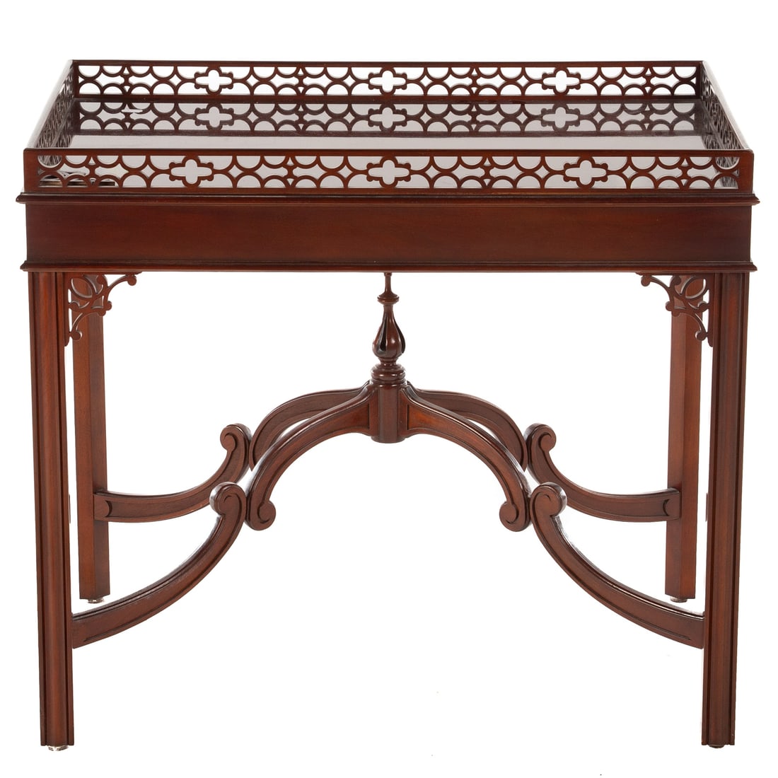 Sutton Mahogany Chippendale Style Tea Table: Reticulated galleried top over a molded edge apron resting on Marlborough legs connected by a double scroll form stretcher, 28 in. H, 32 in. W, 21 1/2 in. D Provenance: From a private collection Caton