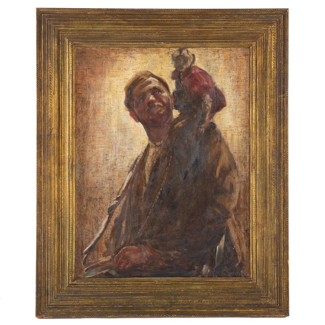Grace Turnbull. "Organ Grinder," oil: (American, 1880-1976) Oil on canvas, signed "G.H. Turnbull" lr, additional identifying information on label on verso, sight size: 36x 28 in., framed size: 48 x 39 1/2 in. Provenance: The Maryland Inst