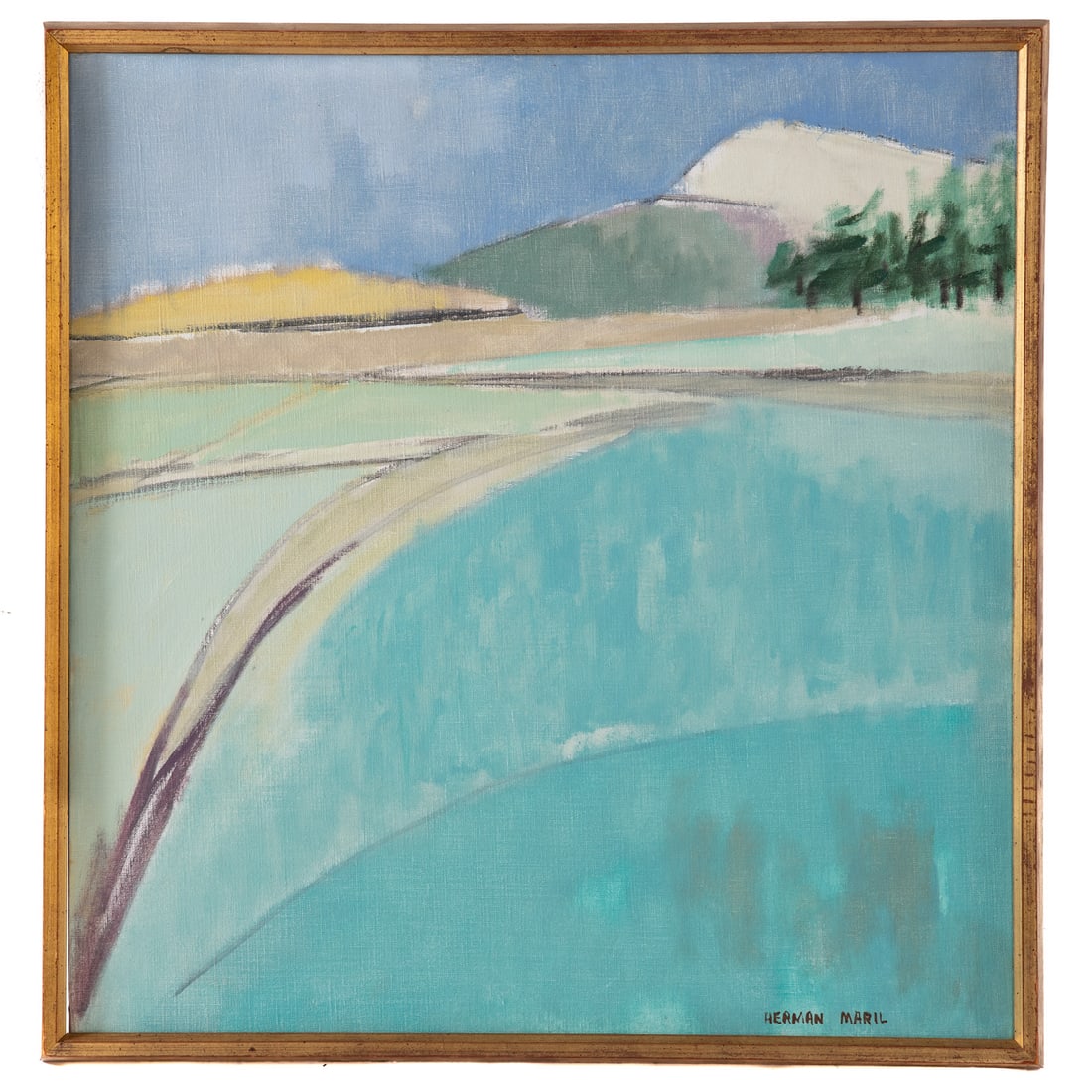 Herman Maril. "Beach and Sea," oil: (American, 1908-1986) Oil on canvas, signed "Herman Maril" lr, signed and titled on verso, sight size: 25 3/4 x 25 in., framed size: 27 1/2 x 26 1/2 in. Provenance: Acquired Wellfleet Art Gallery, lab