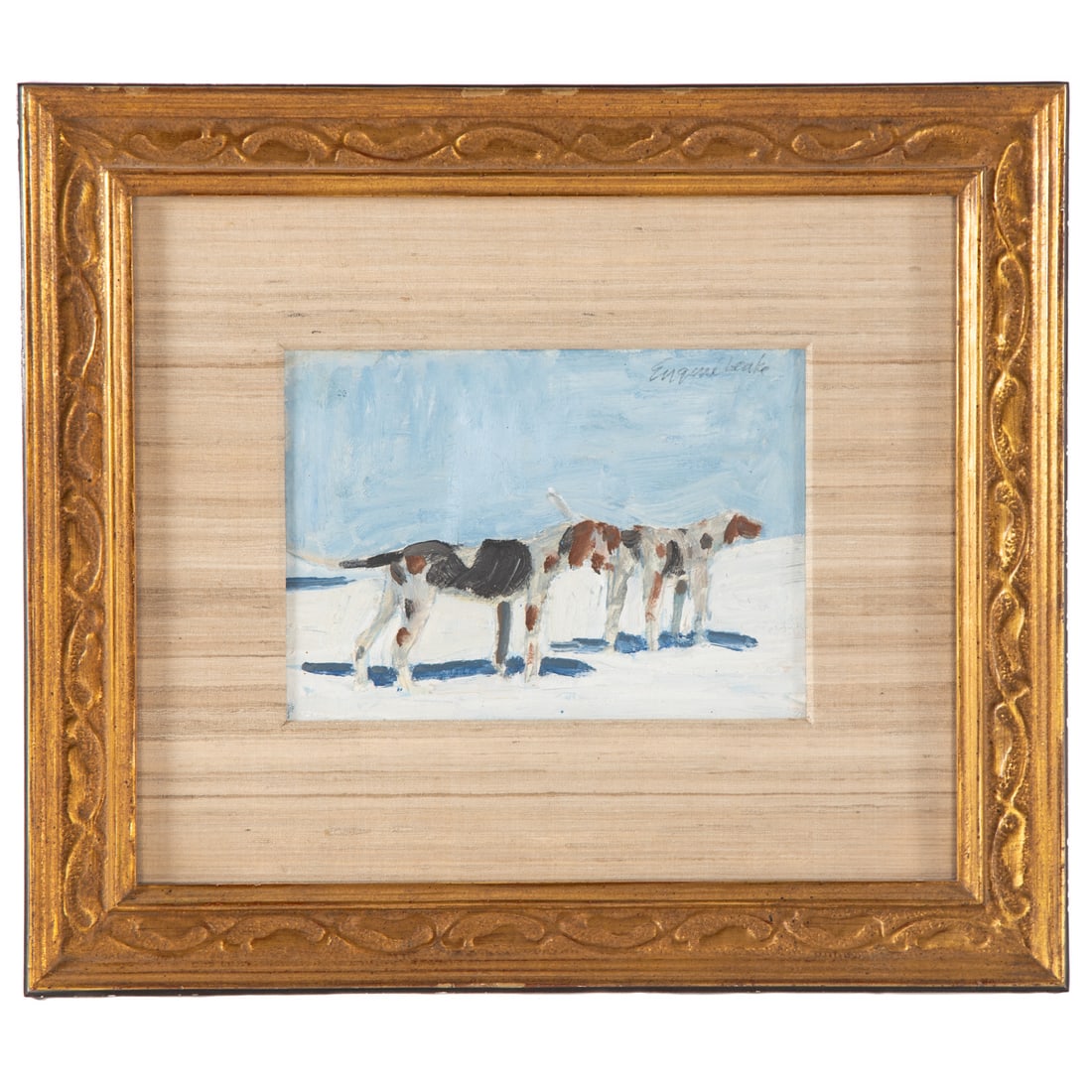 Eugene Leake. Hounds in the Snow, oil: (American, 1911-2005) Oil on paper, c. 1970s, pencil signed "Eugene Leake" ur, sight size: 7 x 9 1/2 in., framed size: 16 1/2 x 19 in. Provenance: From a private collection, Pasadena, MD