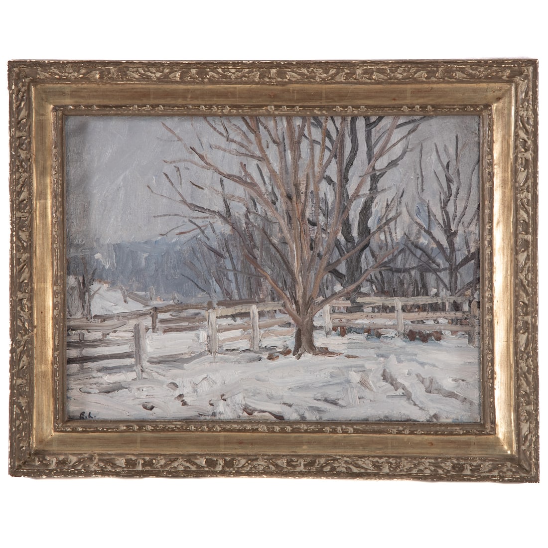 Eugene Leake. Snowscape, oil: (American, 1911-2005) Oil on linen, 1978, initialed "EL" ll, signed and dated "Eugene Leake" on verso, sight size: 11 3/4 x 15 3/4 in., framed size: 16 x 20 in. Provenance: Scene is thought to be the