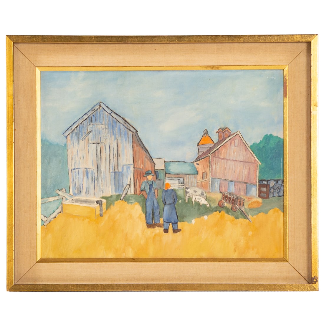 Herman Maril. Farm Scene, oil: (American, 1908-1986) Oil on board, unsigned with initials "JP" lr, likely for Judge Pines, sight size: 13 1/2 x 17 1/2 in., framed size: 18 1/4 x 22 1/2 in. Provenance: Acquired from the artist, from