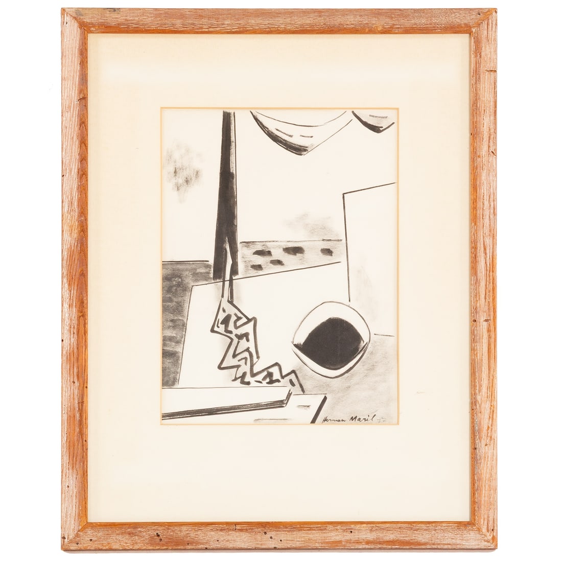 Herman Maril. On the Wharf, ink: (American, 1908-1986) India ink and brush, signed "Herman Maril" lr, inscribed "Reproduced in 'Six Maryland Artists'" on verso, also inscribed "To the Joseph Pines Family, Herman Maril" on verso, sigh