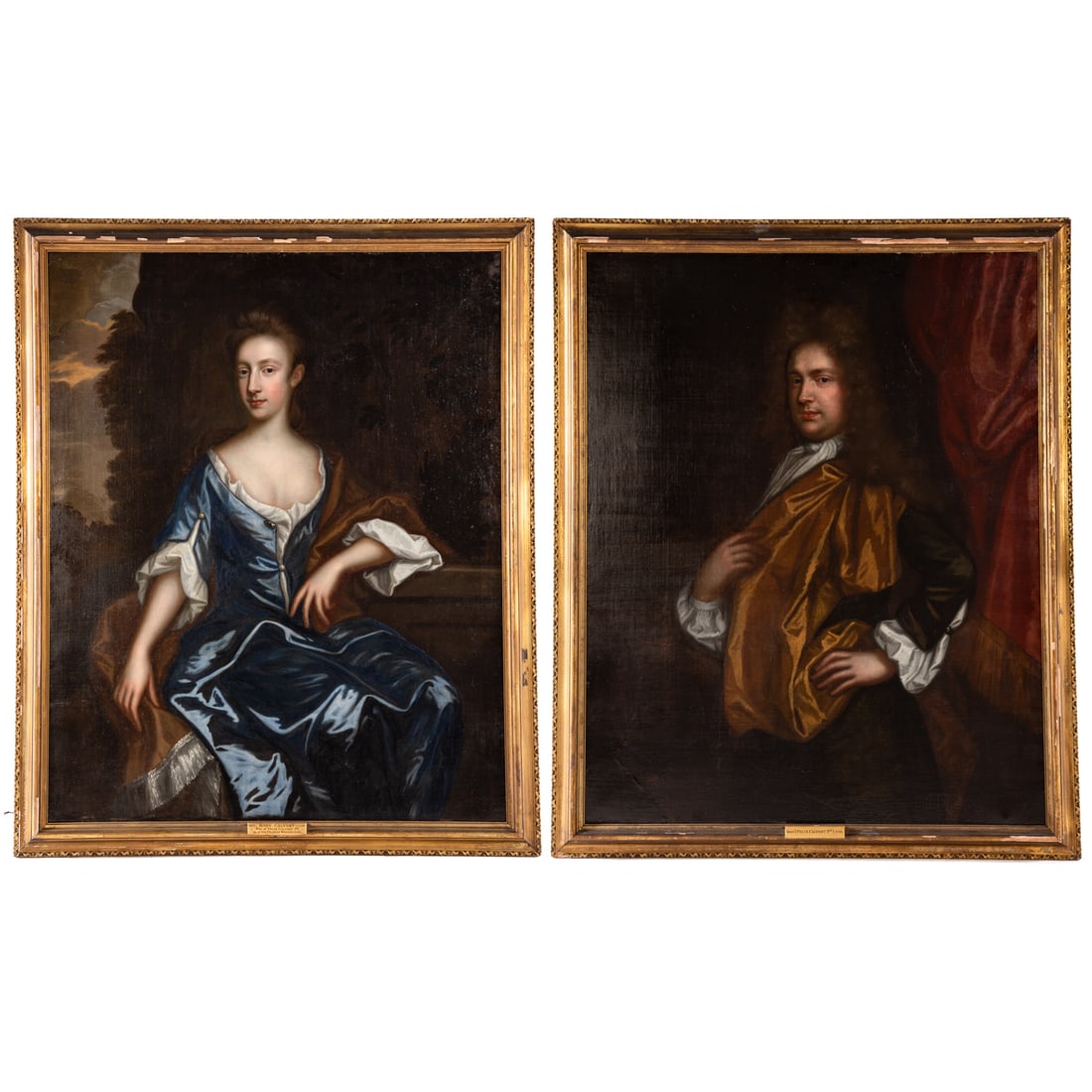 British School. Felix and Mary Calvert, oils: Circa 1700. A pair of oils on canvas, circle of John Wollaston (British, 1642-1749), unsigned, sitter attributions on frame plaques, each 50 1/2 x 40 1/2 in., framed sizes: 55 1/2 x 45 1/4 in. Provena