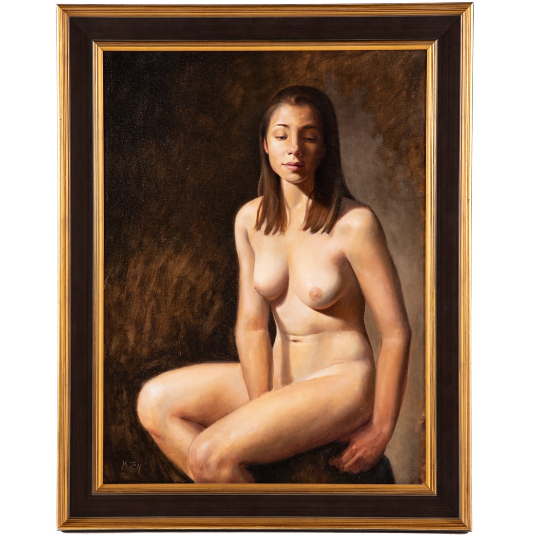 Matt Zoll. Seated Female Nude, oil: (American, b. 1968) Oil on canvas, signed "M. Zoll" ll, sight size: 32 x 24 in., framed size: 38 x 30 1/4 in. Provenance: From a private collection, Lutherville, MD