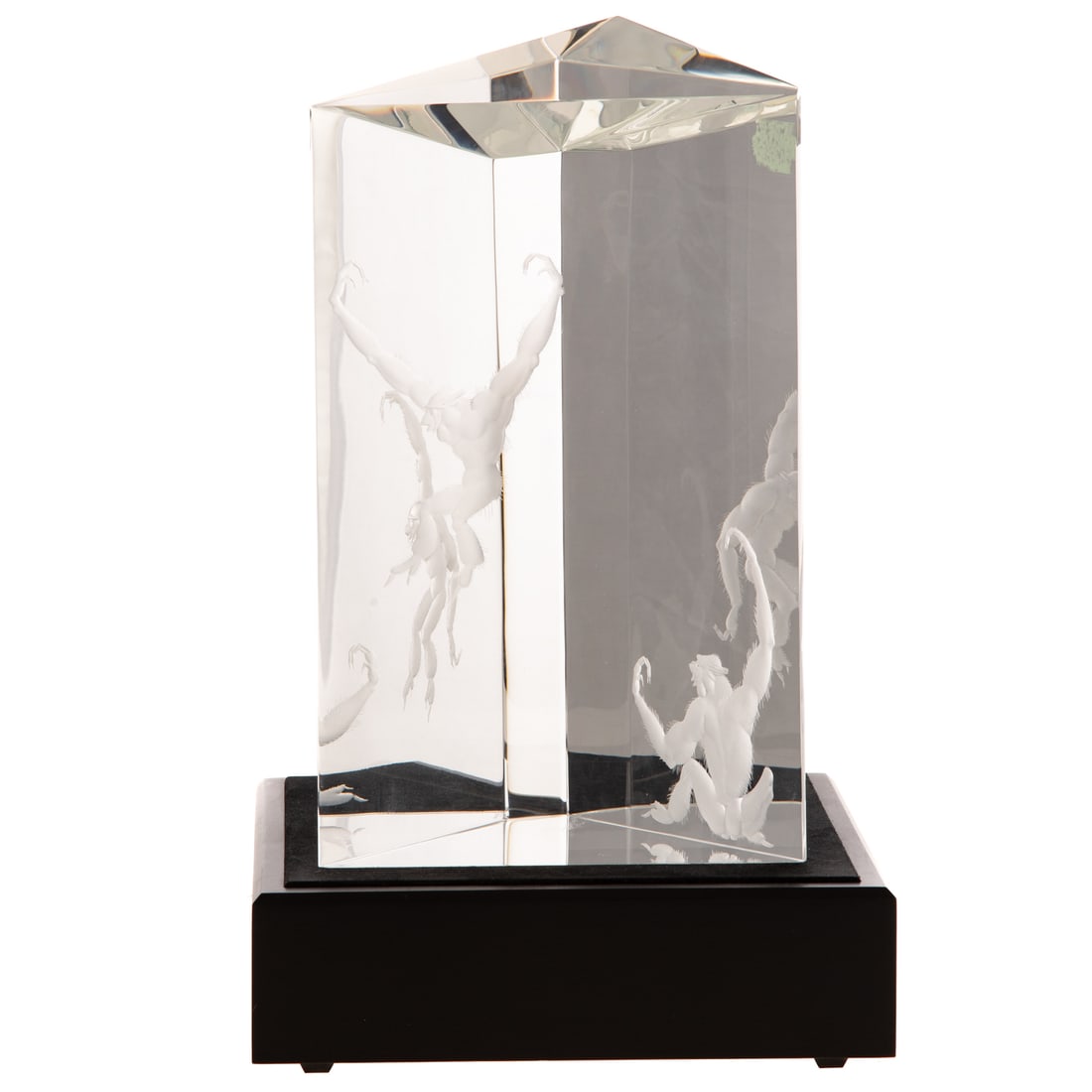 Steuben Crystal One-Of-A-Kind "Gibbons": (1970) A Steuben "Gibbons" designed by George Thompson and engraving designed by Bruce Moore. A crystal prism engraved with gibbon apes swinging, signed "Steuben" on bottom. Includes booklet with info