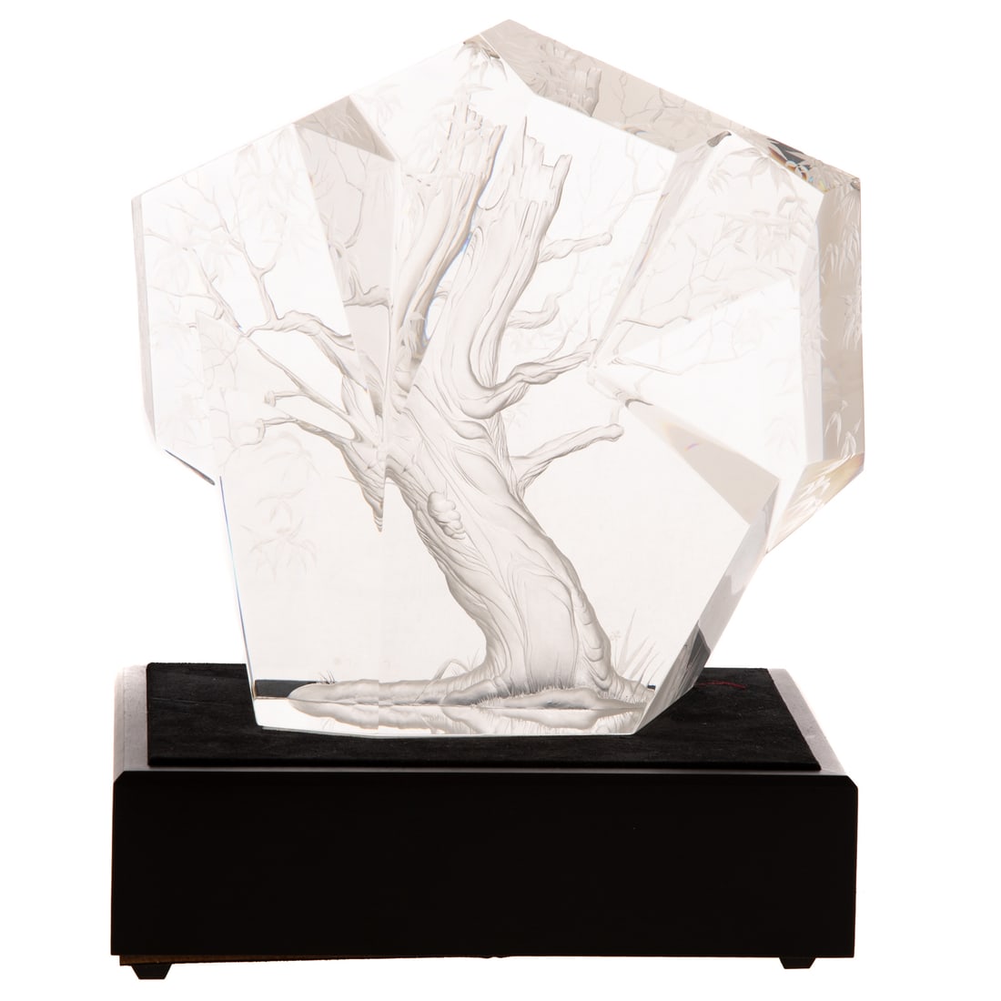 Steuben Crystal "Apple Tree": (1974) A Steuben "Apple Tree," designed by David Dowler and engraving designed by Peter Parnall, an irregular crystal prism engraved by copper wheel, depicting a "gnarled apple tree." Signed "Steuben