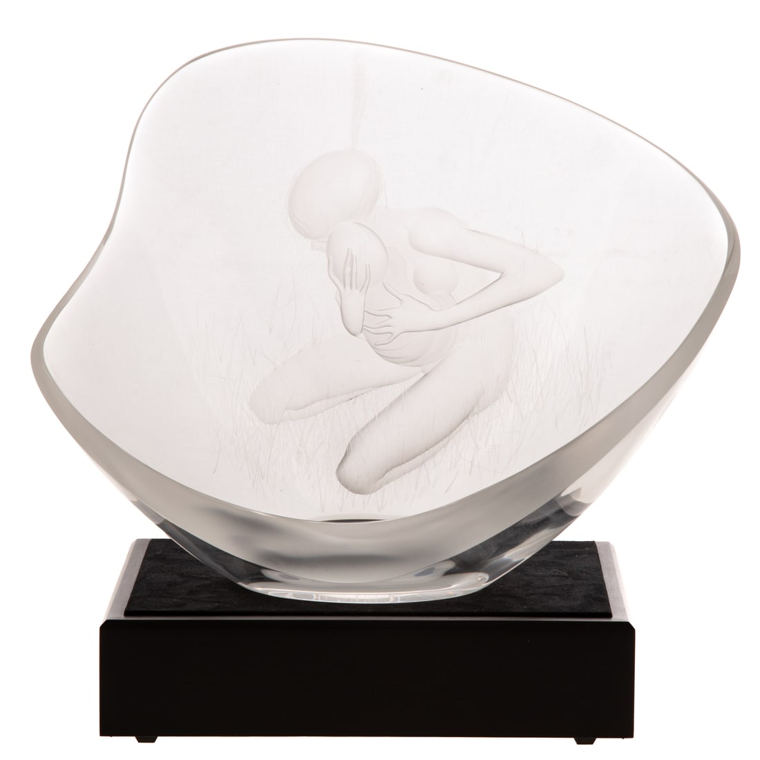 Steuben Crystal "Mother and Child": (1962) A Steuben "Mother and Child," designed by George Thompson and engraving designed by Tom Vincent, shallow shell form, depicting an engraved mother and child among the grass. Limited edition 8 of