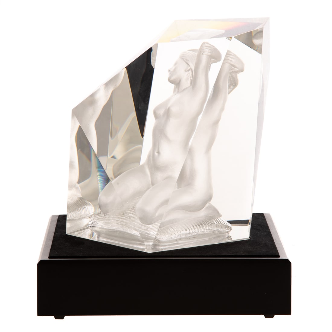 Steuben Crystal One-Of-A-Kind "Nude II": (1973) Steuben "Nude II," designed by Richard Miller in collaboration with Paul Schulze, limited edition of 1, a faceted crystal block with female nude figure kneeling, signed "Steuben" on bottom. Inc