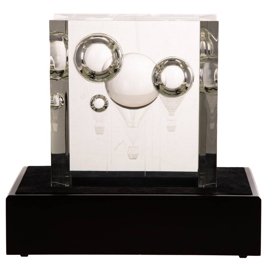 Steuben Crystal "Ballooning": (1957) Steuben "Ballooning," designed by Bernard X. Wolff, a crystal two-part stele cut and engraved old-fashioned balloon aircraft stylized after 18th and 19th century models ascending into a clear s