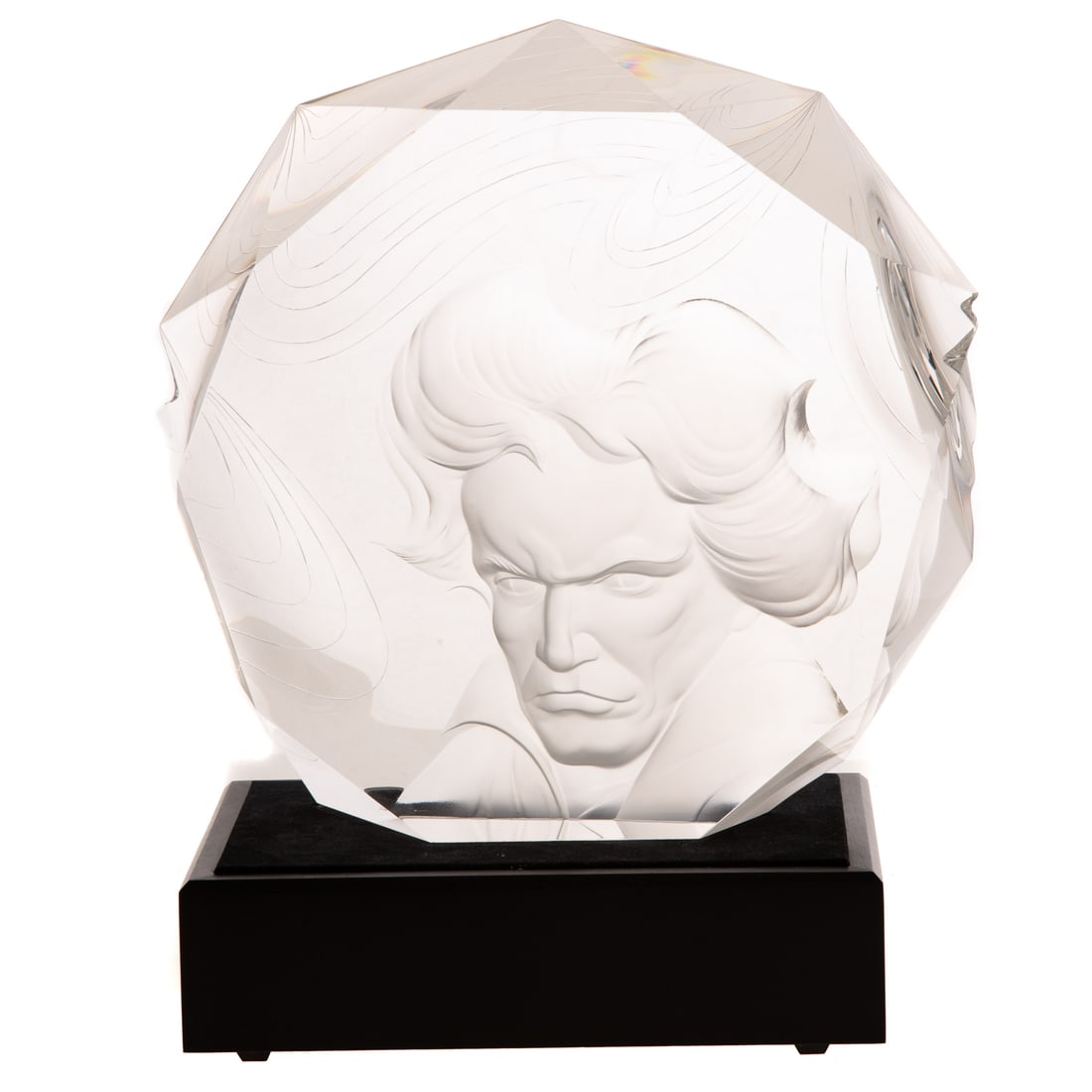 Steuben Crystal "Beethoven"`: (1970) Steuben "Beethoven," designed by Donald Pollard and portrait by Robert Ziering, cut crystal circular decagon form depicting portrait of Ludwig van Beethoven cast relief, signed "Steuben" on bot