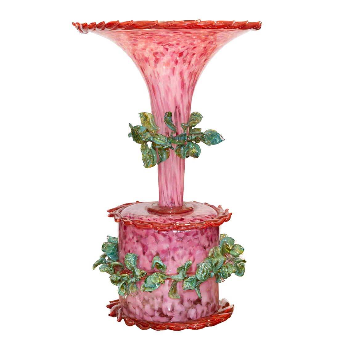Dale Chihuly."Pink Venetian with Crimson Rings and Terre Verte Leaves" period glass: (1988/1989) An impressive "Pink Venetian with Crimson Rings and Terre Verte Leaves" Dale Chihuly Pseudo Art Deco glass urn. Includes original 1989 receipt, letters and correspondences, Maurine Littlet
