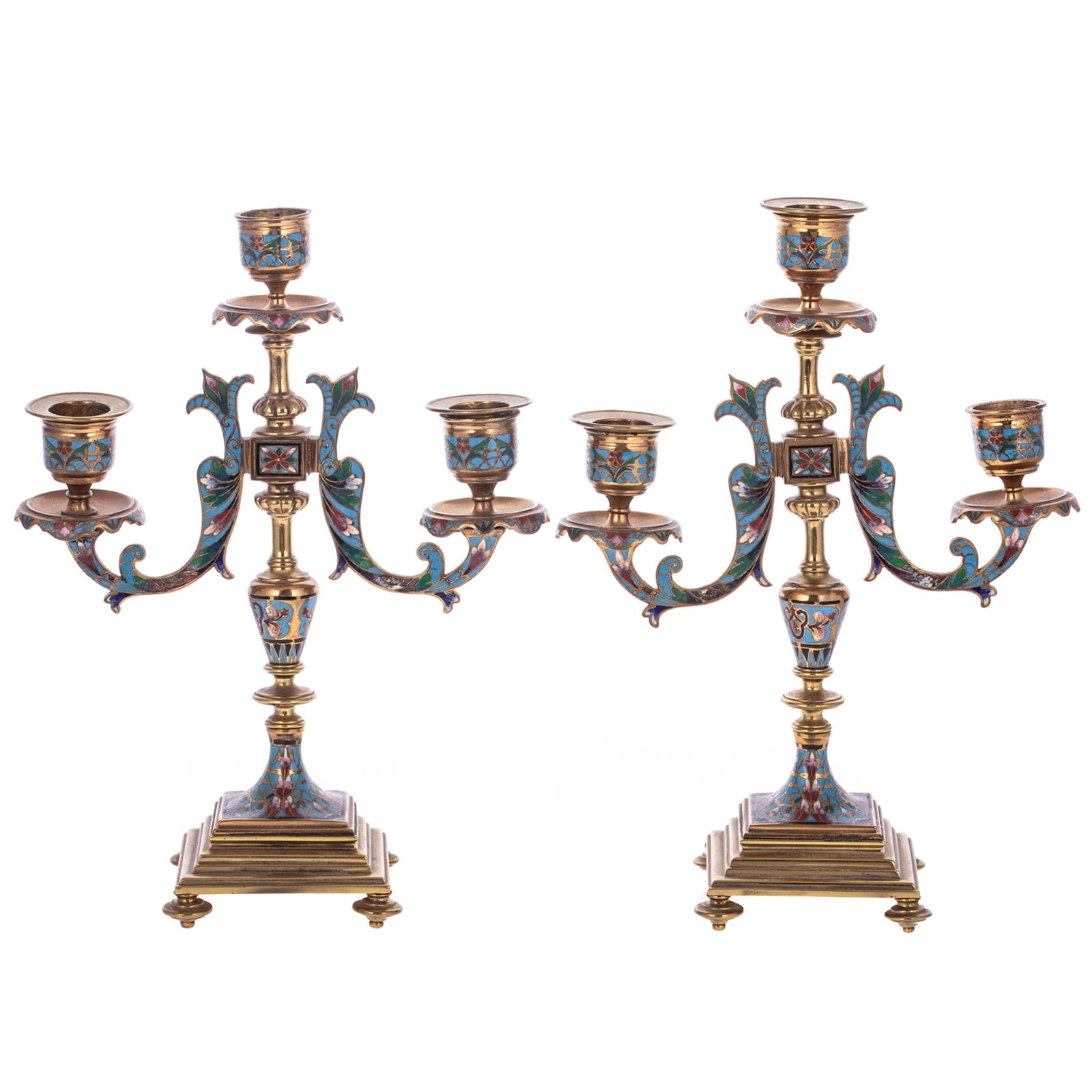 A Pair of Champleve Enamel Gilt Bronze Candelabra (1 of 3)