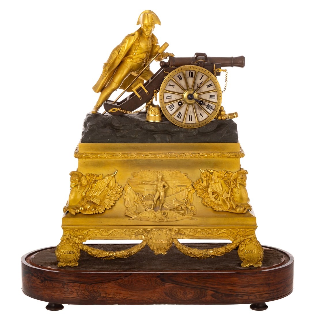 A French Ormolu Napoleon Bronze Mantel Clock: (French, late 19th century) A gilt bronze French Ormolu mantel clock with Napoleon Bonaparte as an artillery officer manning a cannon, white clock face recessed behind the spoke wheel of a gun carriag