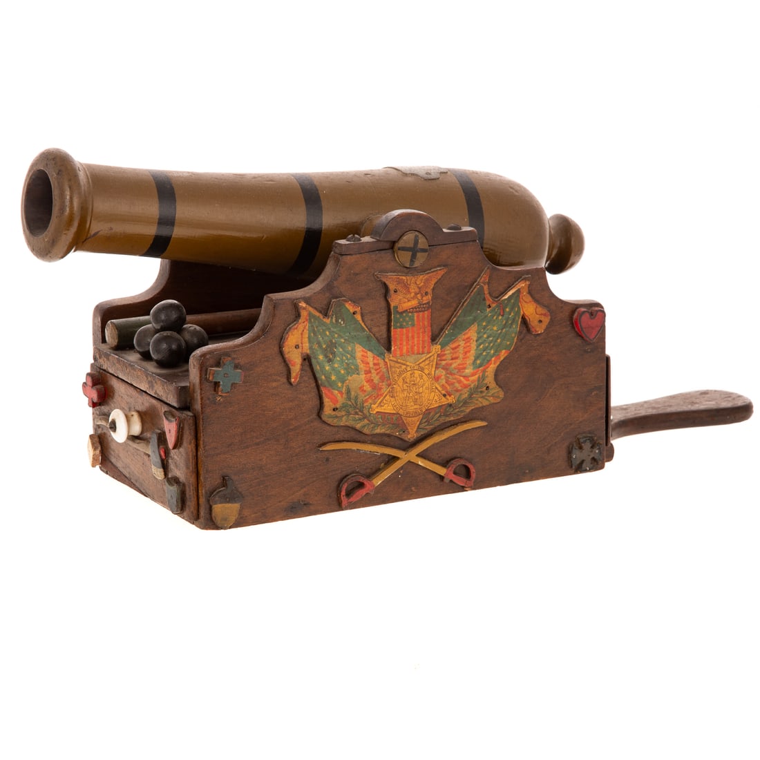 A Folk Art Cannon-Form Ballot Box: Used by Civil War veteran members of the GAR Lincoln Post, #140, at Shamokin, Pennsylvania, circa 1900; modeled as a Dahlgren style gun, the heavy wooden base housing two drawers, one for unused votin