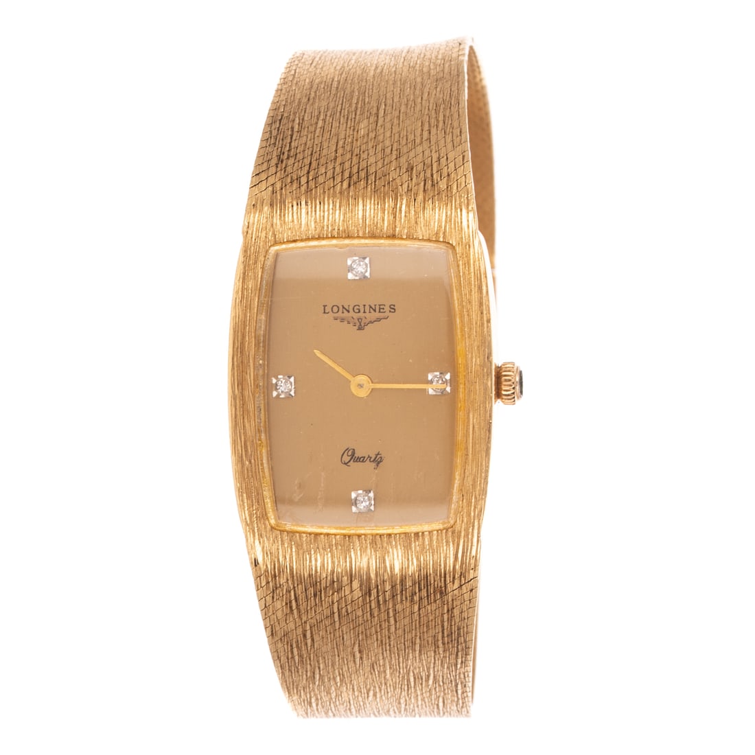 A Vintage Longines Watch in 14K: 14K yellow gold Longines wrist watch with gold toned face and diamond hour markers, textured woven tapered bracelet, with fold over clasp, quartz movement, 7 3/4 in. L, 57.8 grams